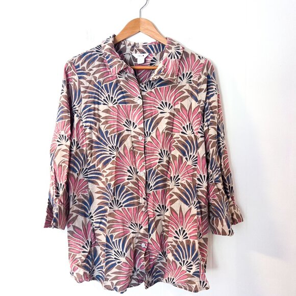 Women's Large Floral Button Up Shirt  3/4 Sleeve Linen Rayon Boho Print Blouse - Picture 2 of 7